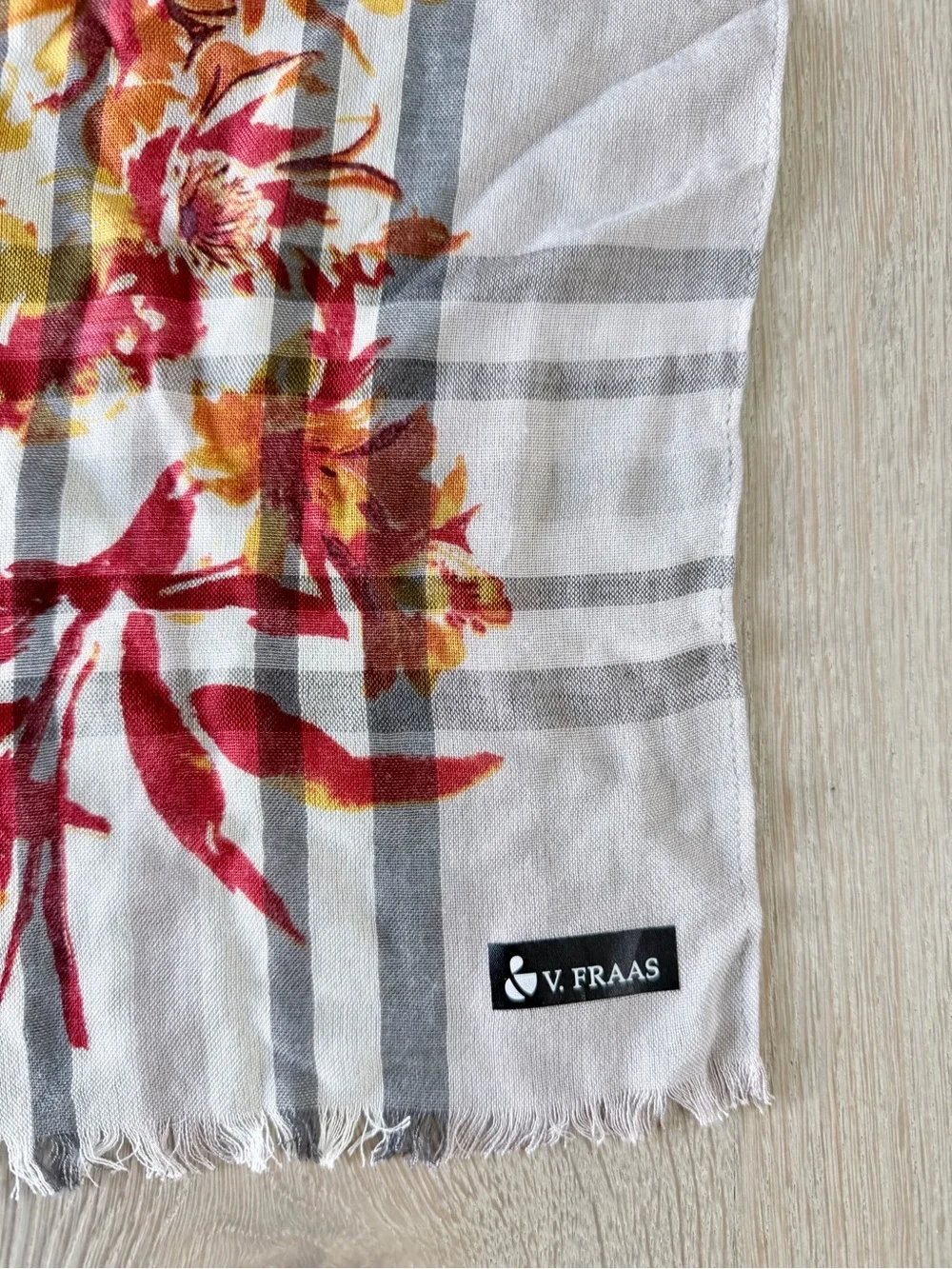 Floral Plaid Lightweight Scarf - Red, Yellow, Gray on White